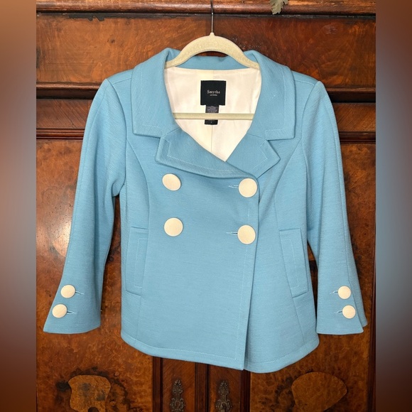 GUC Smythe Les Vestes- 100% Wool Jersey Blue Double-Breasted Jacket. Size 4 - Picture 1 of 8